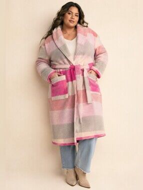 Davi & Dani Tied Color Block Collared Neck Coat in XL — Hot Pink Multicolor.